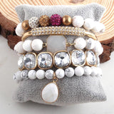 5pc Natural Stone Metal Cuff Beaded Bracelet Set for Jewelry