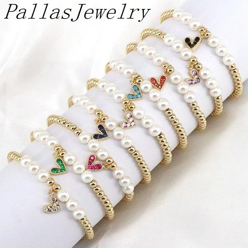 Boho Charm Zircon Heart Pearl Beaded Bracelet Women Jewelry