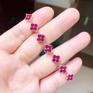 Red Corundum 925 Silver Clover Leaf Bracelet