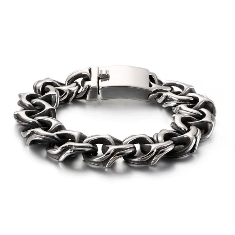 Retro Link Chain Bracelet Men Stainless Steel Engraving Hip Hop Cuff Bracelet