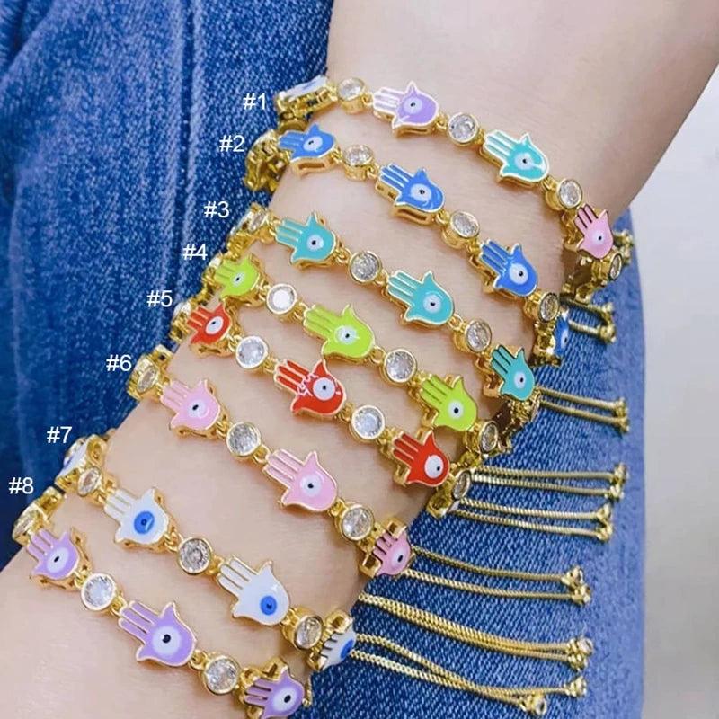 5Pcs Adjustable Rainbow Enamel Hamsa Hand CZ Bracelets