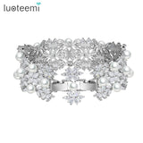 Pearl Bead Wide Bracelets for Women Flower Cubic Zircon Bangles