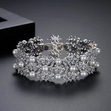 Pearl Bead Wide Bracelets for Women Flower Cubic Zircon Bangles