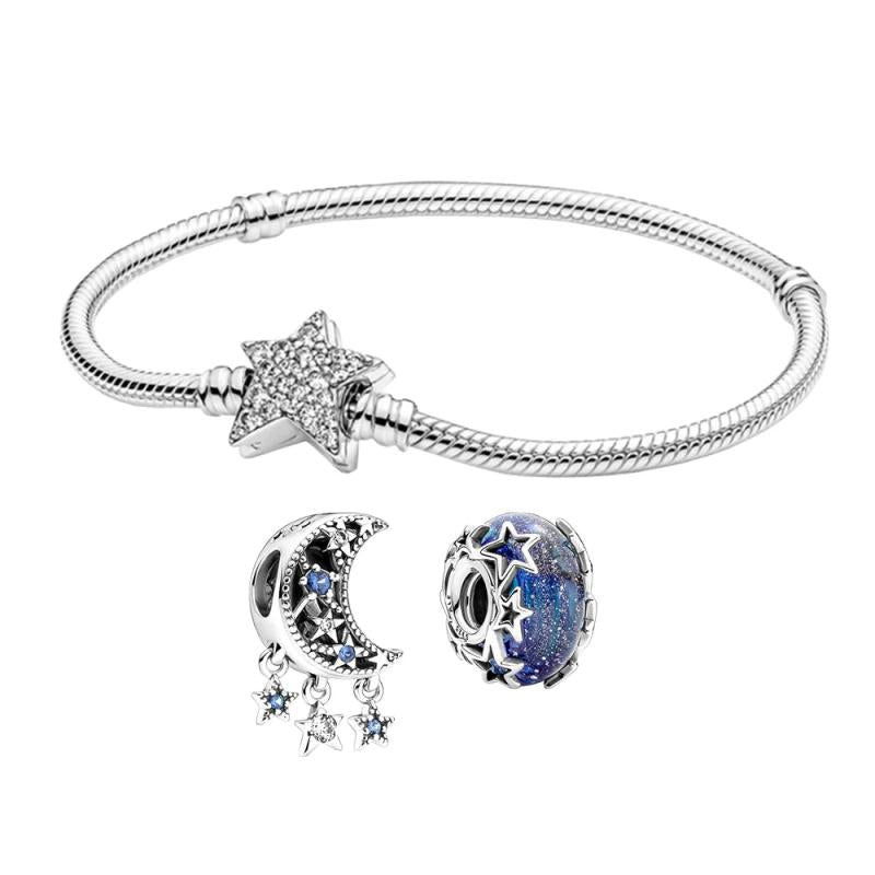 Celestial Bleu Charm Bracelet Set 925 Silver Star & Crescent Moon Charms