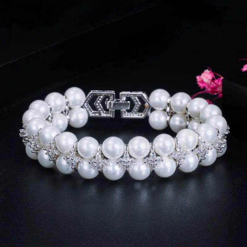 CWWZircons Silver Gray Pearl Bracelets with CZ Wedding Jewelry
