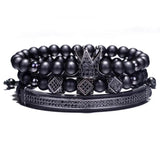 3pcs Hip Hop CZ Crown Bracelet Natural Stone Beads Men Women Jewelry