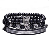 3pcs Hip Hop CZ Crown Bracelet Natural Stone Beads Men Women Jewelry