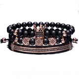 3pcs Hip Hop CZ Crown Bracelet Natural Stone Beads Men Women Jewelry