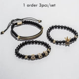3pcs Hip Hop CZ Crown Bracelet Natural Stone Beads Men Women Jewelry