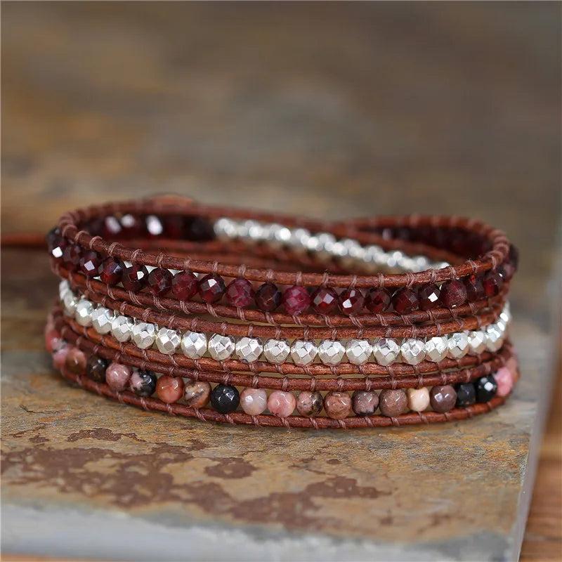 Red Natural Stone Leather Wrap Bracelet 3 Layers