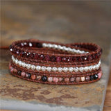Red Natural Stone Leather Wrap Bracelet 3 Layers