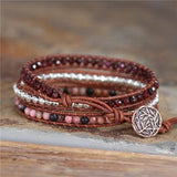 Red Natural Stone Leather Wrap Bracelet 3 Layers