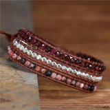 Red Natural Stone Leather Wrap Bracelet 3 Layers