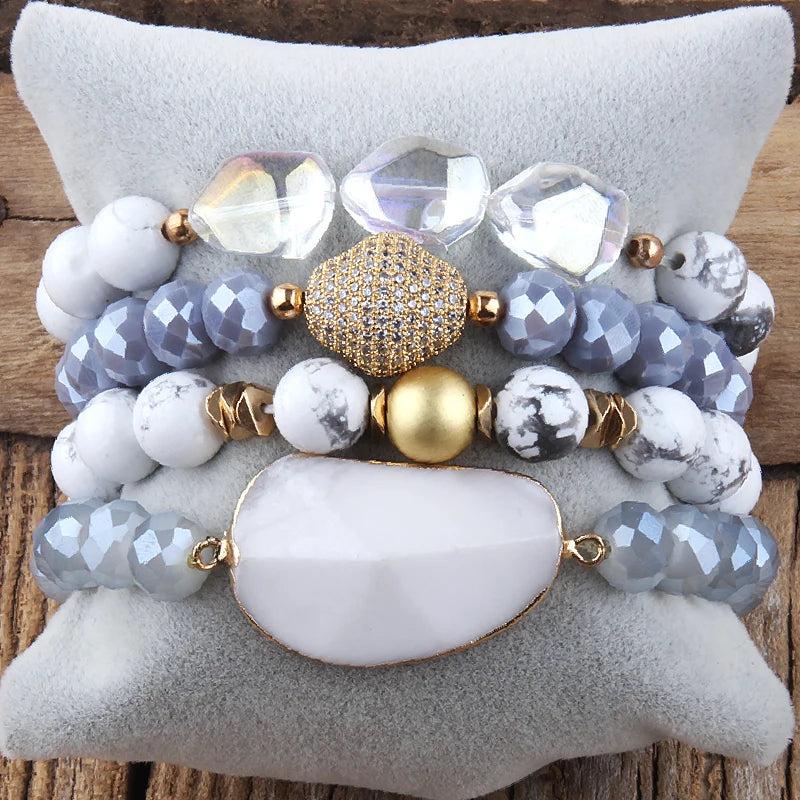 Moon Stone Charm 4pc Stack Bracelets Set For Women Jewelry Gift