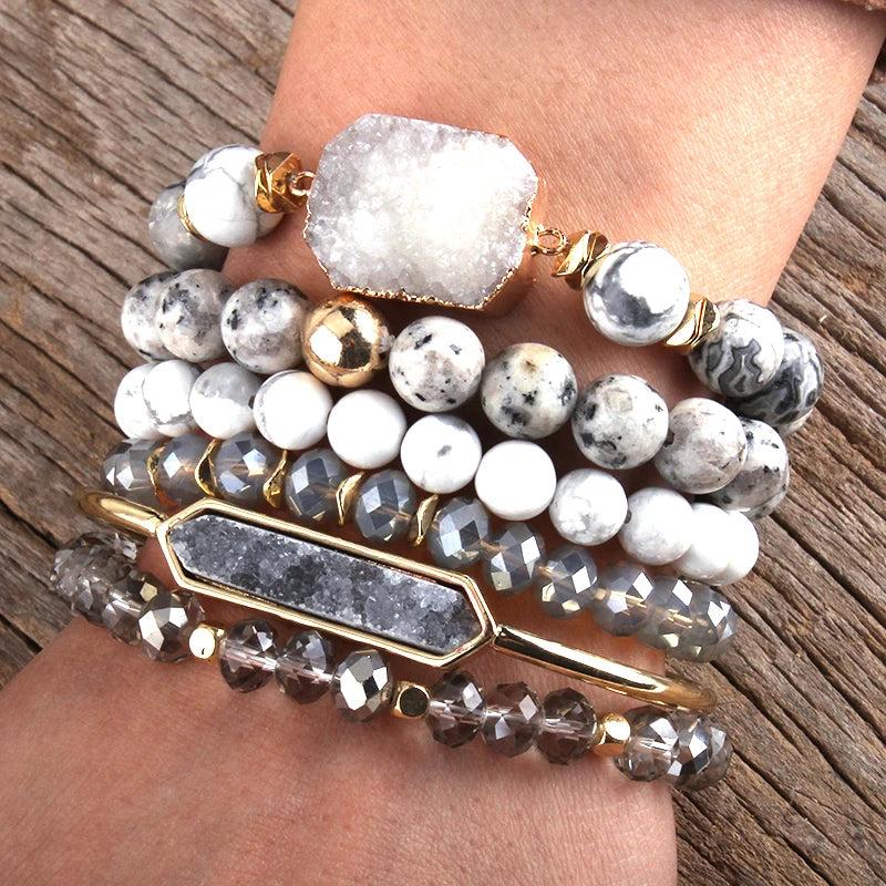 Boho Beaded Bangle Bracelet Set - Natural Stone and Crystal Jewelry
