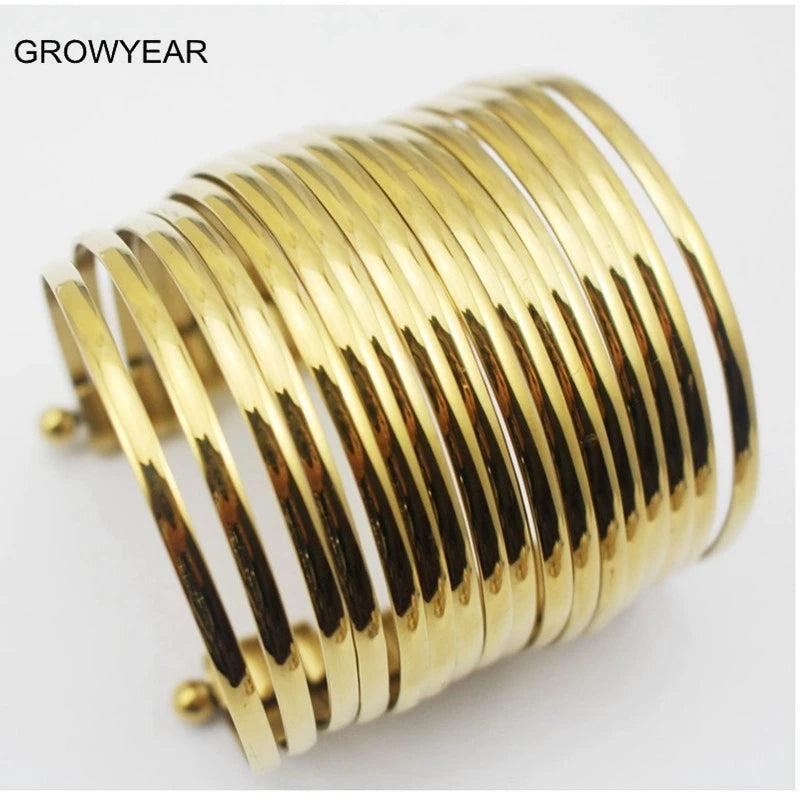 Punk Style Wide Bangle Bracelet Stainless Steel Golden Jewelry Women