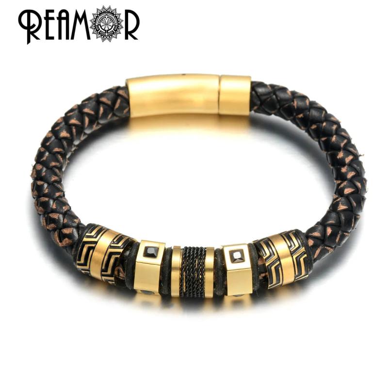 Men's Leather Braided Bangle Bracelet with Zircon Beads