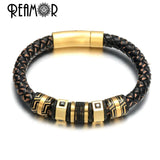 Men's Leather Braided Bangle Bracelet with Zircon Beads
