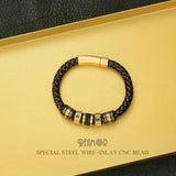 Men's Leather Braided Bangle Bracelet with Zircon Beads