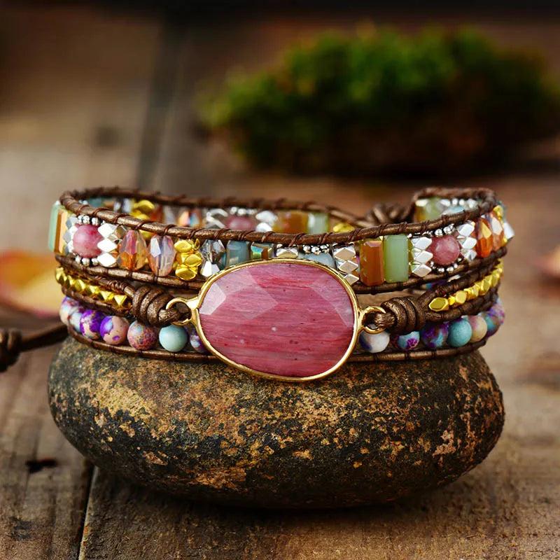 Leather Wrap Bracelet w/ Stones Natural Beads Crystal Weaving
