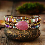 Leather Wrap Bracelet w/ Stones Natural Beads Crystal Weaving