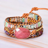 Leather Wrap Bracelet w/ Stones Natural Beads Crystal Weaving