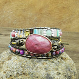Leather Wrap Bracelet w/ Stones Natural Beads Crystal Weaving