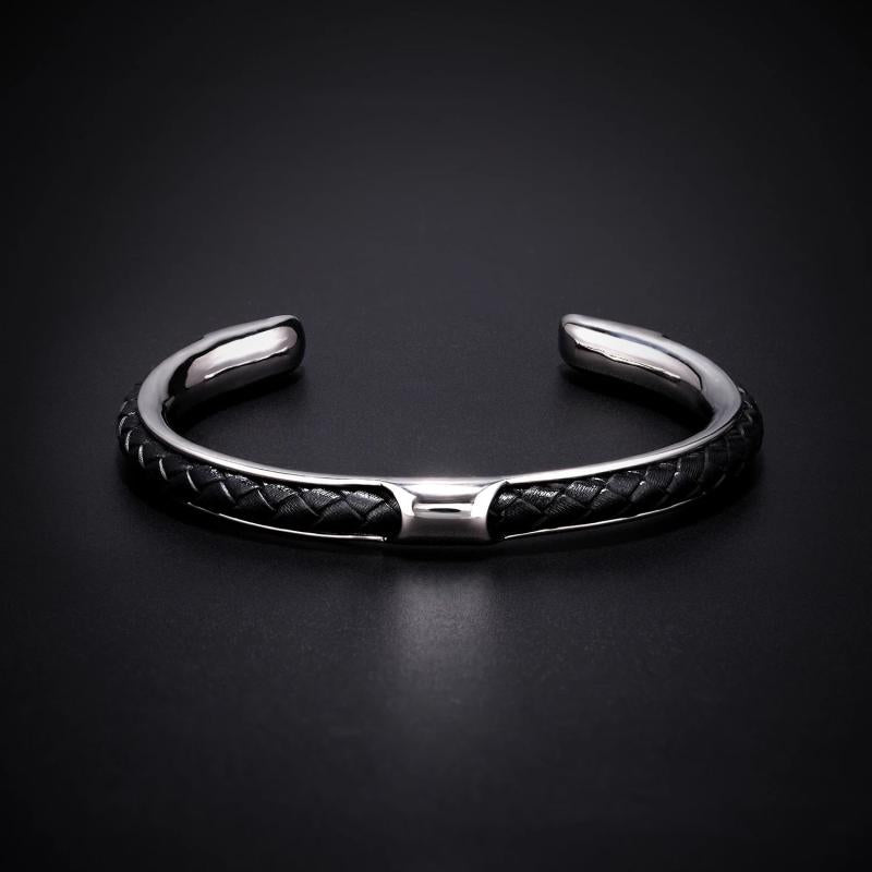 Brown Leather Bracelet Steel Bangle Men Jewelry