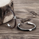Brown Leather Bracelet Steel Bangle Men Jewelry