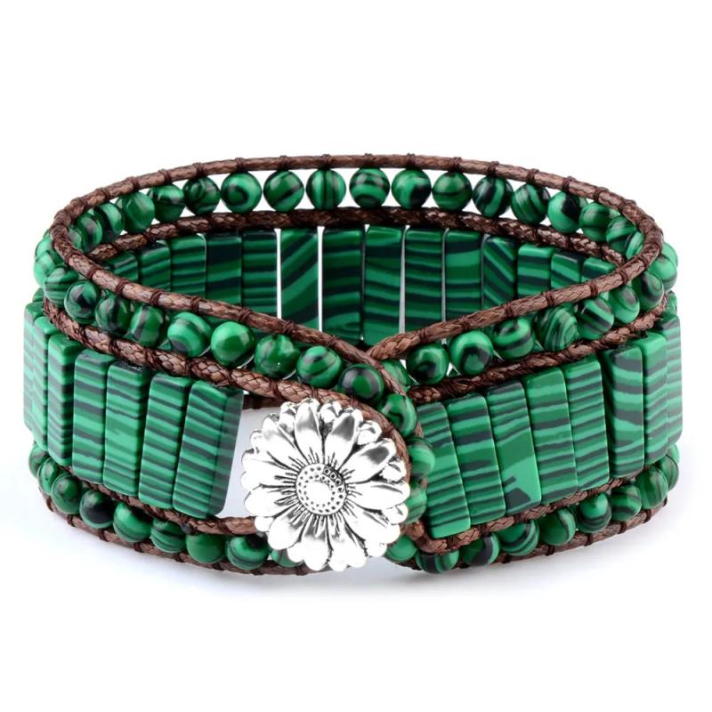 Malachite Stones Leather Bracelet Stainless Steel Flower Buckle