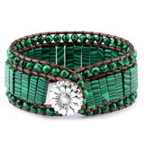 Malachite Stones Leather Bracelet Stainless Steel Flower Buckle