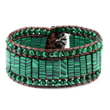 Malachite Stones Leather Bracelet Stainless Steel Flower Buckle