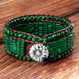 Malachite Stones Leather Bracelet Stainless Steel Flower Buckle