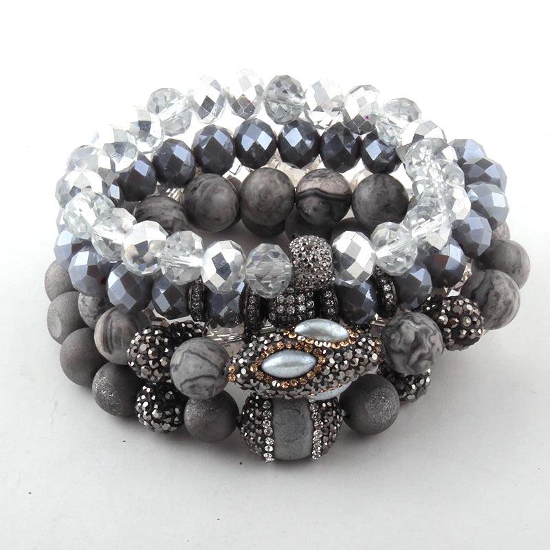 Gray/White/Black Stone & Crystal Pave Bracelet Set