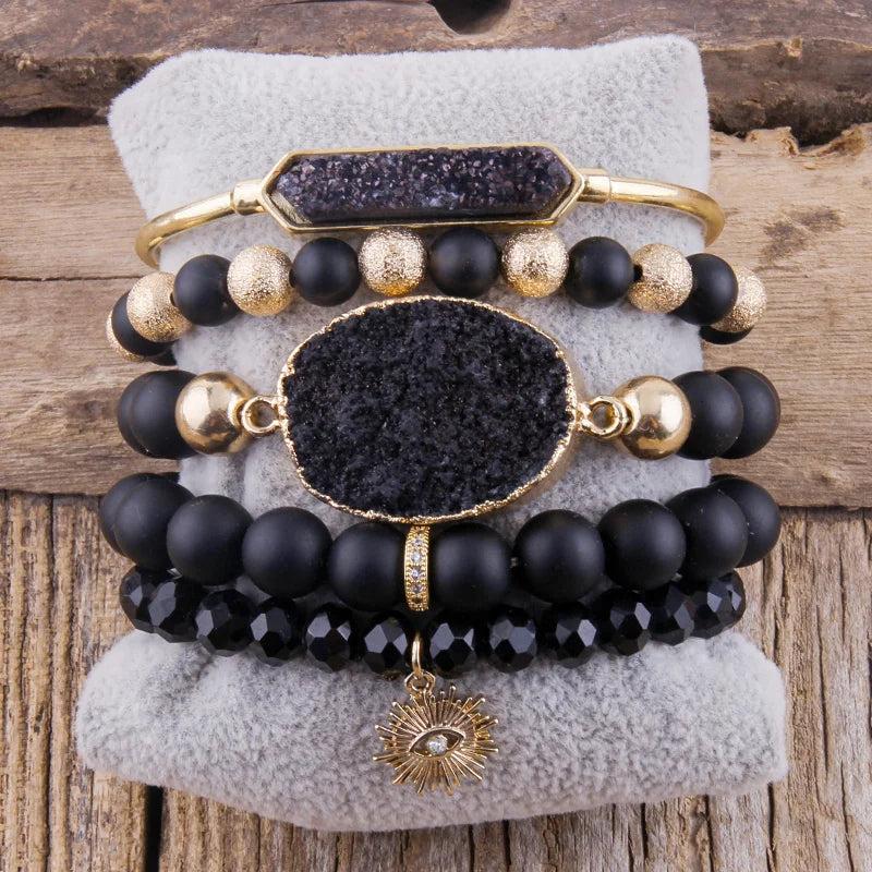 RH Boho Jewelry Beige/Black Stack Bracelet & Bangle Sets