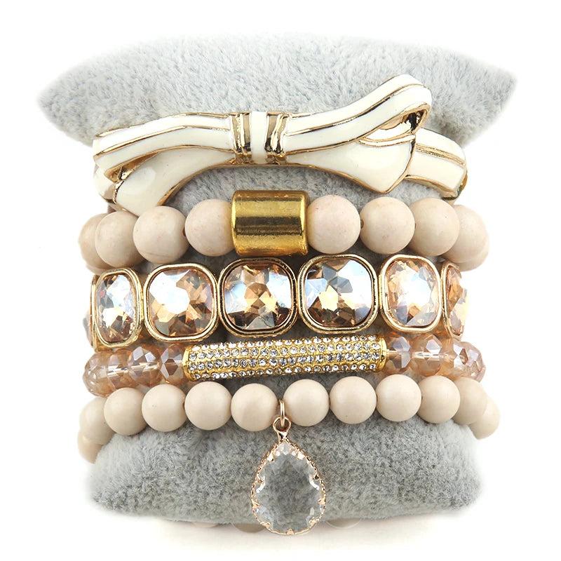 5pc Stone & Glass Stack Bracelet Bangle Set for Women Boho Jewelry