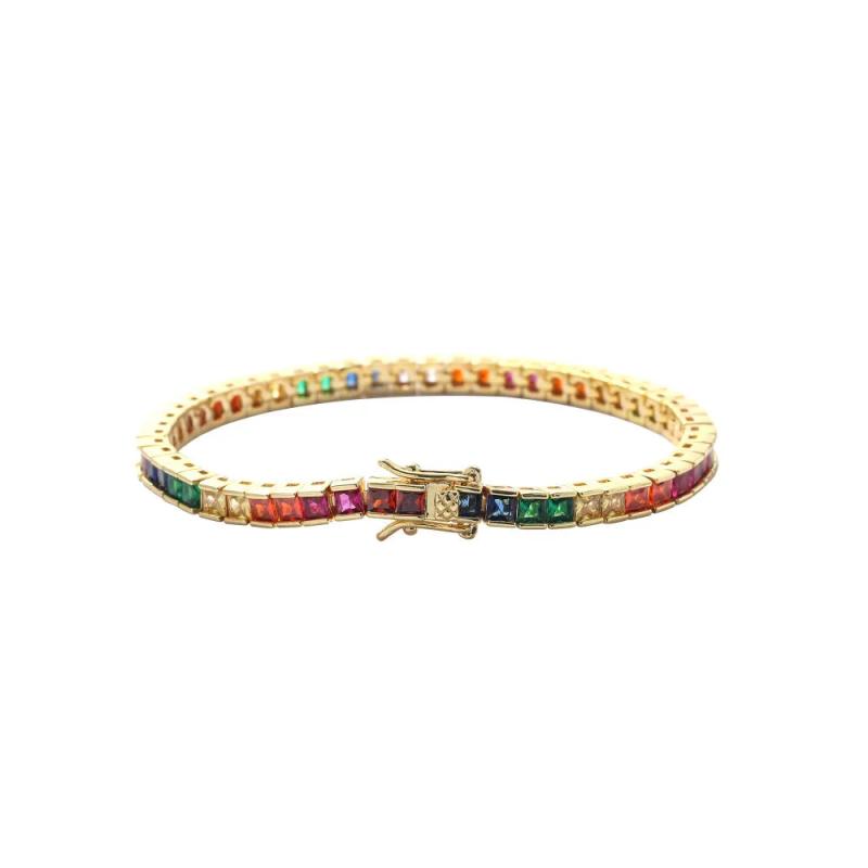 Rainbow Square Zircon Tennis Bracelet 18K Plate Hip Hop Rock Wrist Chain