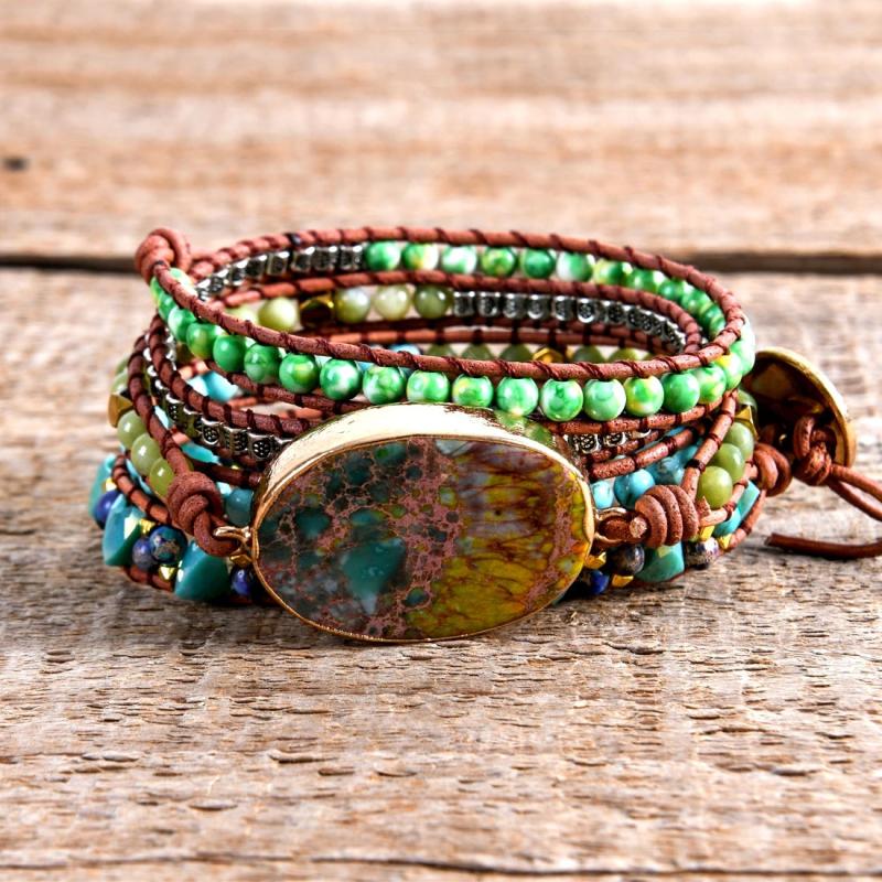 Leather Wrap Bracelets Natural Stone Multilayer Statement Bracelet