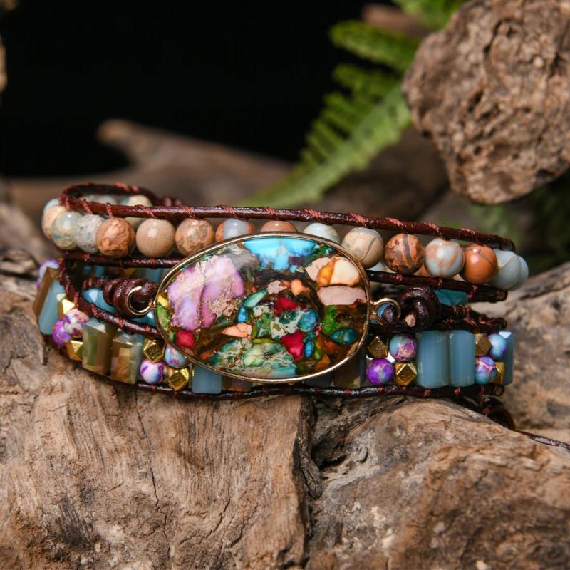 Natural Stones Charm Leather Wrap Bracelet