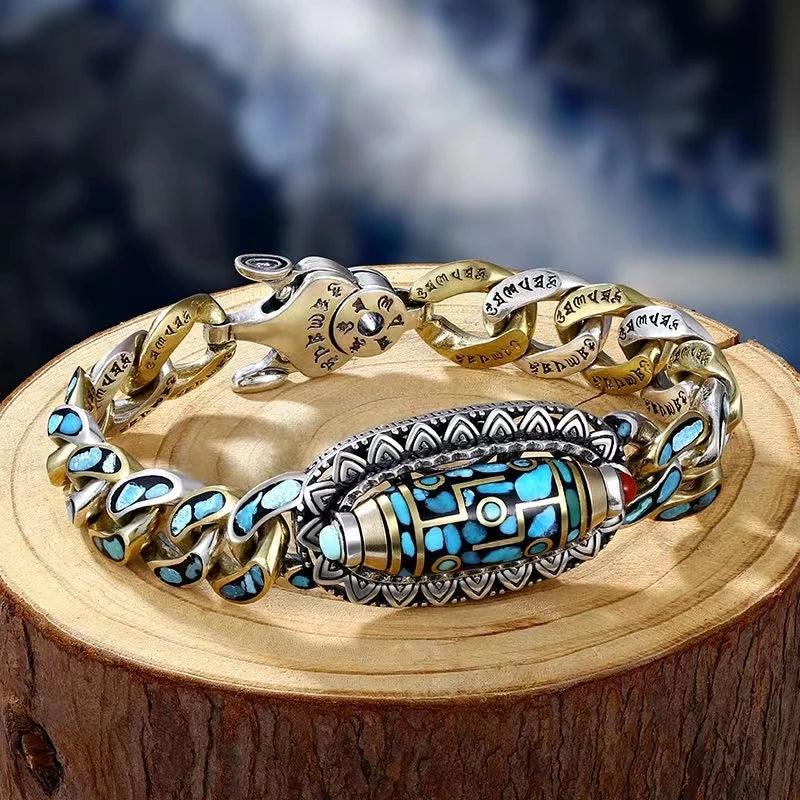 Guochao Retro Transfer Rotating Nine-eye Dzi Bead Ulan Flower Bracelet
