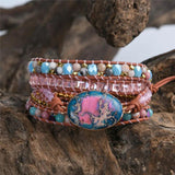 Leather Wrap Bracelet Natural Stone Beaded 5X Layers Statement Art Bracelet