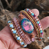 Leather Wrap Bracelet Natural Stone Beaded 5X Layers Statement Art Bracelet
