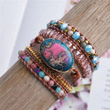 Leather Wrap Bracelet Natural Stone Beaded 5X Layers Statement Art Bracelet
