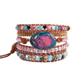 Leather Wrap Bracelet Natural Stone Beaded 5X Layers Statement Art Bracelet