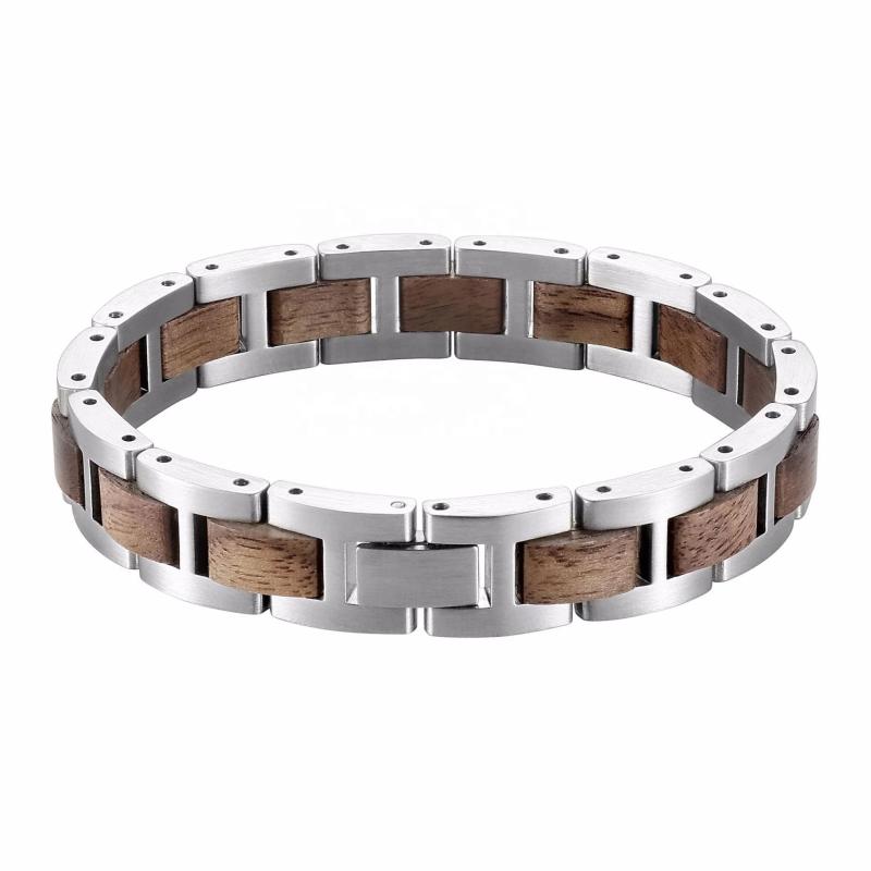 Wooden Stainless Steel Bracelet Men Silver Wristband for Boyfriend