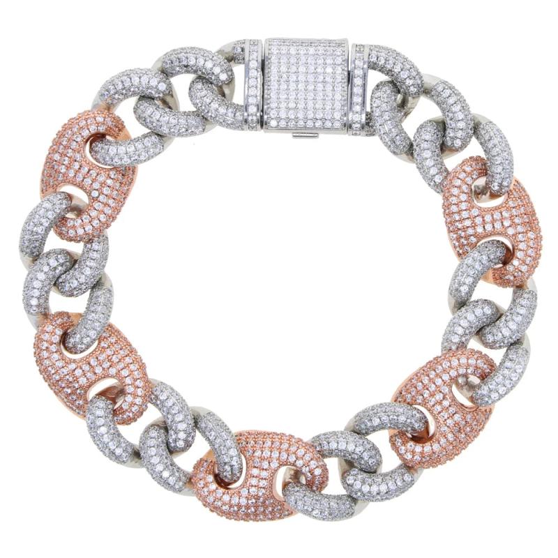 15mm Cuban Link Chain Bracelet Iced Out CZ Paved Two Tone Men Women Jewelry