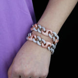 15mm Cuban Link Chain Bracelet Iced Out CZ Paved Two Tone Men Women Jewelry