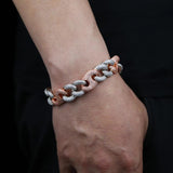 15mm Cuban Link Chain Bracelet Iced Out CZ Paved Two Tone Men Women Jewelry