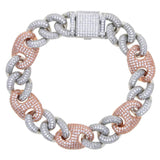 15mm Cuban Link Chain Bracelet Iced Out CZ Paved Two Tone Men Women Jewelry