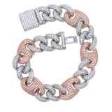 15mm Cuban Link Chain Bracelet Iced Out CZ Paved Two Tone Men Women Jewelry